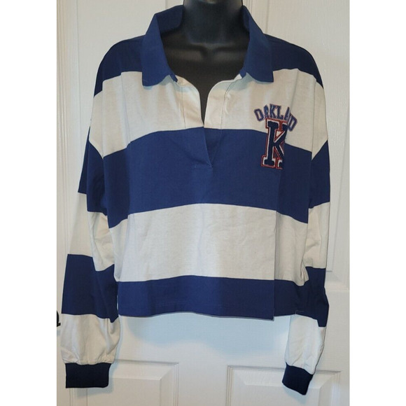 Rugby Polo Shirt XXL Blue Striped Cropped Oakland K Patch Preppy College - Picture 1 of 9